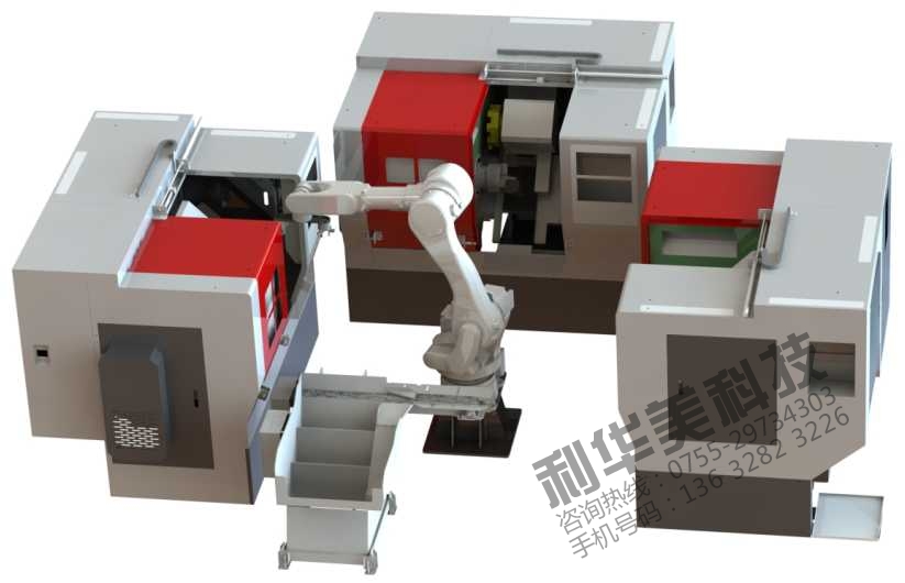 加工中心關(guān)節(jié)機(jī)器人一對(duì)三配提升料倉(cāng)